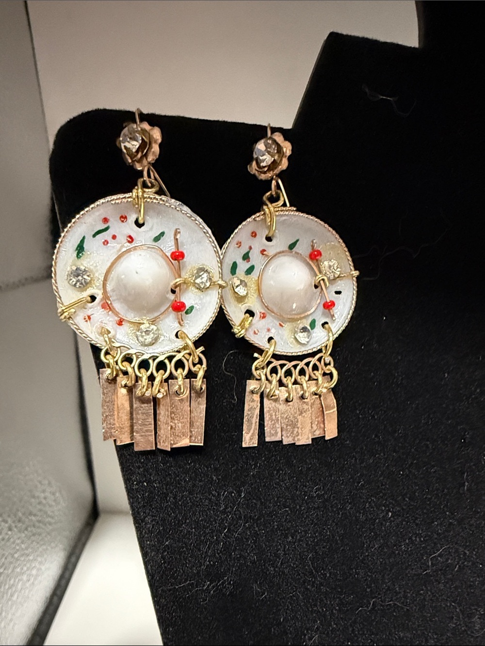 Vintage-Inspired White Enamel Fringe Drop Earrings